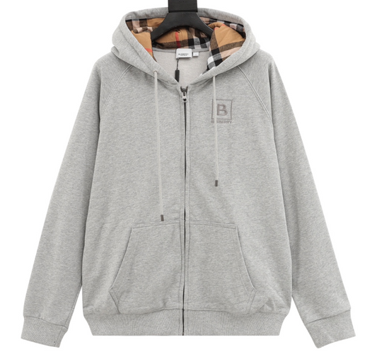 Burberry Cotton Blend Zip Hoodie Pale Grey